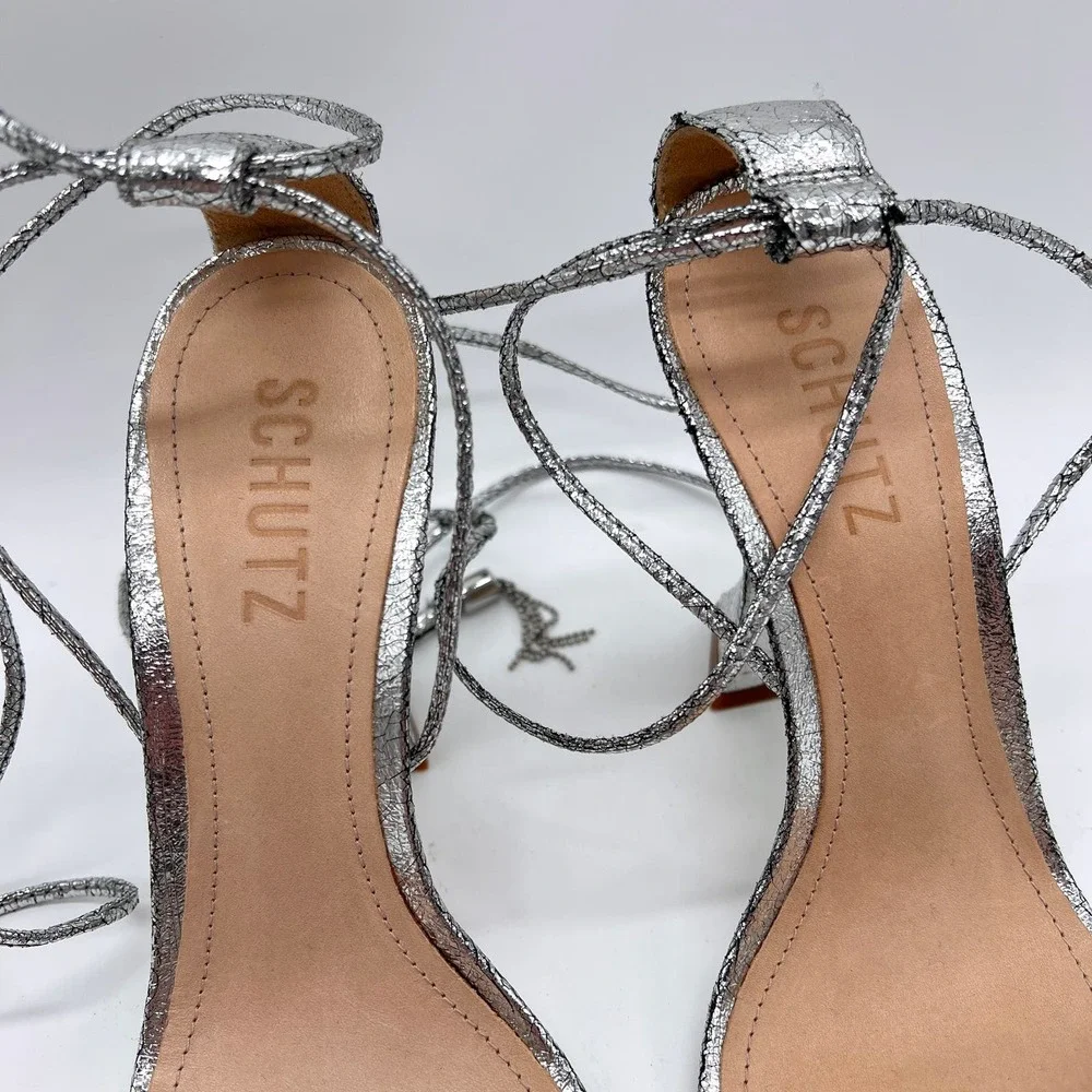 SCHUTZ Bellin Heels Womens 6 Silver Metallic Jeweled Ankle Wrap Strappy Sandal - Picture 4 of 14